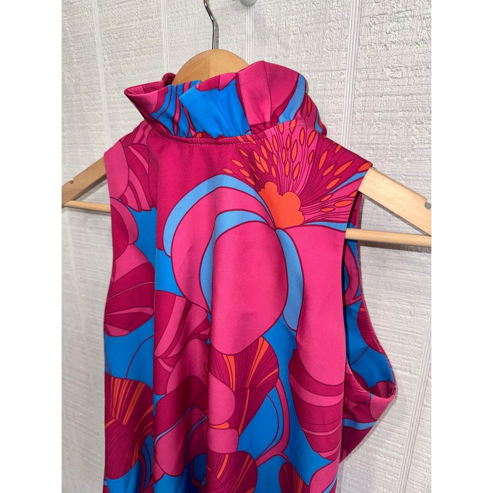 Tuckernuck Blouse Womens Pink Blue Floral Ruffle Tie Neck Sleeveless M - Picture 2 of 5